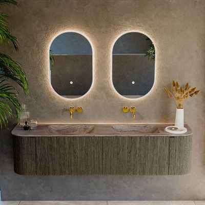 MONDIAZ KURVE-DLUX Meuble de salle de bains 180cm arrondi Gauche + Droite couleur Shadow avec 2 tiroirs et 2 portes. Lavabo LEAF Double sans trou de robinet Oza.