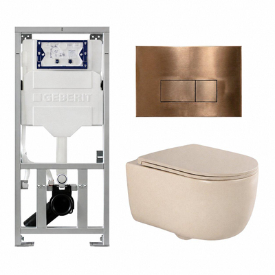 QeramiQ Dely Swirl Ensemble WC - 36.3x51.7cm - Réservoir encastré Geberit UP320 - Abattant fin - Plaque de commande en cuivre - Boutons rectangulaires - Beige