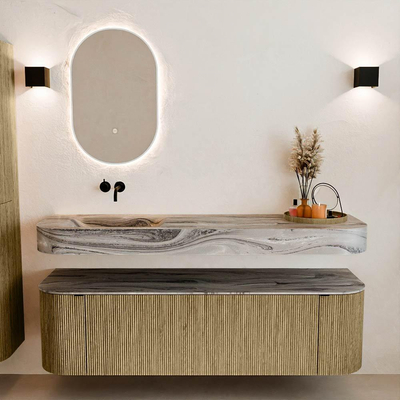 MONDIAZ THOR-DLUX 160cm meuble de salle de bains arrondi gauche + droite couleur Dusk avec 1 tiroir et 2 portes. Vasque suspendue CLOUD Gauche sans trou de robinet couleur Sombra.