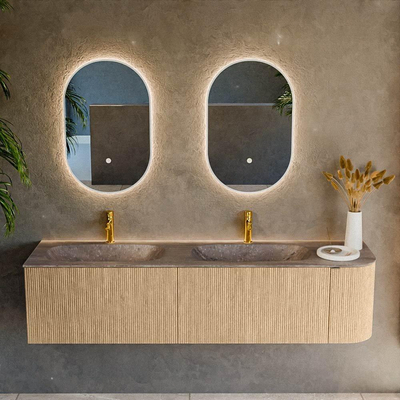 MONDIAZ KURVE-DLUX Meuble de salle de bains 175cm arrondi à droite couleur chêne avec 2 tiroirs et 1 porte. Lavabo STOR SMALL Double / Gauche 2 trous de robinet Oza.