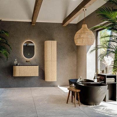 MONDIAZ KURVE Meuble de salle de bains 95 cm avec module 25 L couleur Chêne avec 1 tiroir et 1 porte. Lavabo BIG SMALL droit sans trou de robinet Urban.