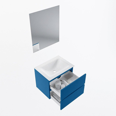 Mondiaz VICA ensemble de meuble de salle de bain - 60cm - meuble sous-vasque jeans - 2 tiroirs - lavabo cloud milieu - sans trous de robinet - couleur talc - miroir LED - version XL 60cm de haut