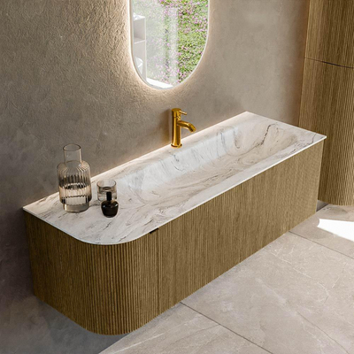Mondiaz KURVE-DLUX Badkamermeubelset - 135x46x40cm - 1 lade - 1 deur - wastafel solid surface - rechts - 1 kraangat - Dusk