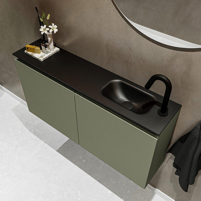 MONDIAZ TURE Fonteinset - 100x23x50cm - 1 kraangat - 2 deuren - army mat - Wasbak rechts - Solid Surface Zwart