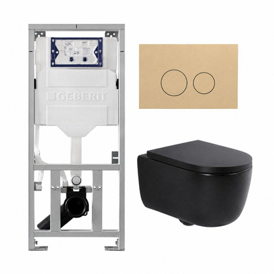 QeramiQ Dely Swirl Ensemble WC - 36.3x51.7cm - réservoir encastré Geberit UP320 - avec châssis Burda - abattant slim - plaque de commande beige - boutons ronds - noir mat