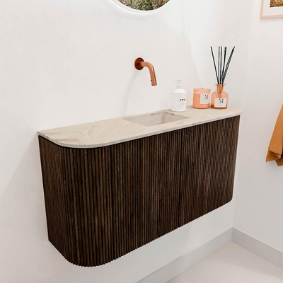 Mondiaz JOYA-DLUX 83.2cm toiletmeubel - ronding links en rechts kleur Walnut - Wastafel FAYE positie Midden Zonder kraangat kleur Frappe.