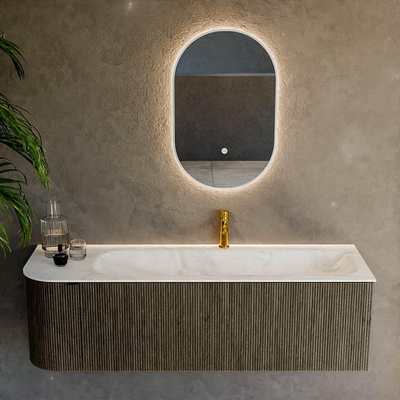 Mondiaz KURVE-DLUX Ensemble de meuble salle de bain - 145x46x40cm - 1 tiroir - 1 porte - lavabo en solid surface - droite - 1 trou de robinet - Shadow