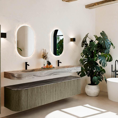 MONDIAZ THOR-DLUX 200cm meuble de salle de bains arrondi gauche + droite couleur Shadow avec 2 tiroirs et 2 portes. Vasque suspendue CLOUD Double 2 trous de robinet couleur Sombra.