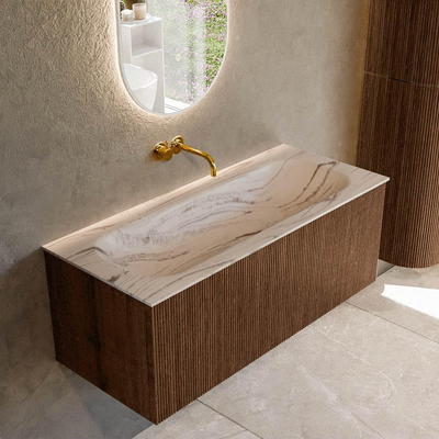 MONDIAZ KURVE-DLUX meuble de salle de bains 110cm couleur Walnut avec 1 tiroir et 0 porte. Lavabo BIG MEDIUM central sans trou de robinet Nata.