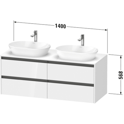 Duravit Ketho 2 meuble sous-plan de toilette avec plateau de console avec 4 tiroirs pour vasque à gauche 140x55x56.8cm avec poignées anthracite basalte mat