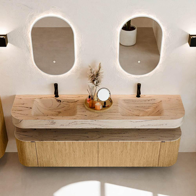 MONDIAZ THOR-DLUX 190cm meuble de salle de bains arrondi gauche + droite couleur Oak avec 2 tiroirs et 2 portes. Vasque suspendue CLOUD Double 2 trous de robinet couleur Arena.