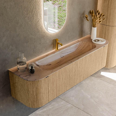 MONDIAZ KURVE-DLUX Meuble de salle de bains 170cm arrondi Gauche + Droite couleur Chêne avec 1 tiroir et 2 portes. Lavabo BIG LARGE Central 1 trou de robinet Arena.
