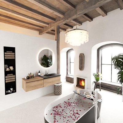 MONDIAZ BUKLA meuble de salle de bain 140 cm avec module 60 couleur Chêne blanchi avec 2 tiroirs. Lavabo CLOUD à droite 1 trou de robinet couleur Urbaine.