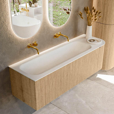 MONDIAZ KURVE meuble de salle de bains 145cm avec module 25 R couleur Oak avec 1 tiroir et 1 porte. Lavabo BIG LARGE gauche sans trou de robinet Talc.
