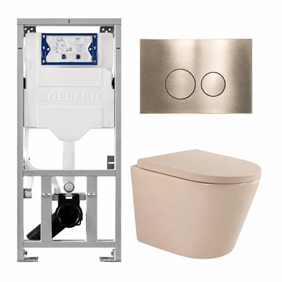 QeramiQ Dely Toiletset - 36.3x51.7cm - diepspoel - rimless - Geberit UP320 inbouwreservoir - softclose toilet zitting - 35mm - geborsteld messing bedieningsplaat - ronde knoppen - mat beige