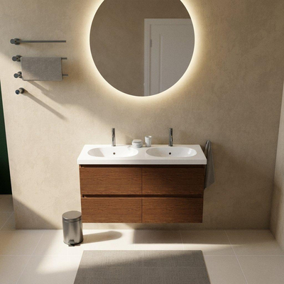 Saniclass Holz Pure Ensemble meuble de salle de bains - 120x45x63.5cm - lavabo en céramique Palermo blanc - 2 vasques - 2 trous de robinetterie - 4 tiroirs - noyer pure mat (bois)