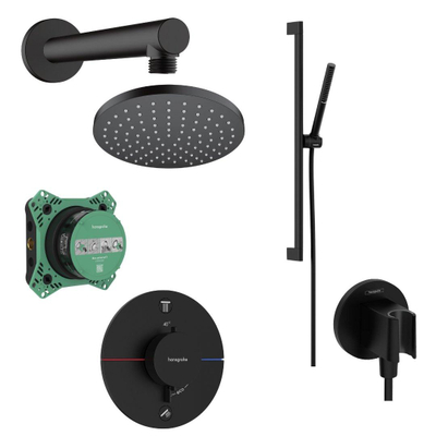 Hansgrohe Showerselect Ensemble de douche - élément encastré - mitigeur thermostatique - pomme de douche - bras de douche - support de douchette - douchette sur barre - barre coulissante - flexible de douche - coulisseau - noir mat