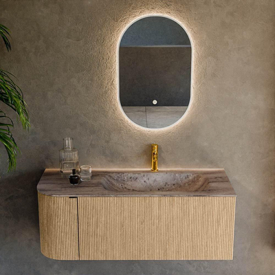 MONDIAZ KURVE-DLUX Meuble de salle de bains 115cm arrondi gauche couleur chêne avec 1 tiroir et 1 porte. Lavabo BIG SMALL droite 1 trou de robinet Oza.