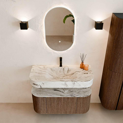 MONDIAZ THOR-DLUX 100cm badmeubel ronding links + rechts kleur Walnut met 1 lade en 2 deuren. Vrijhangende wastafel CLOUD Midden 1 kraangat kleur Glace.