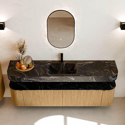 MONDIAZ THOR-DLUX Meuble de salle de bains 190cm arrondi gauche + droite couleur Oak avec 2 tiroirs et 2 portes. Vasque suspendue CLOUD Milieu 1 trou de robinet couleur Lava.