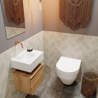 MONDIAZ ANDOR Toiletmeubel - 40x30x30cm - 0 kraangaten - 1 lades - washed oak mat - wasbak links - Solid surface - Wit