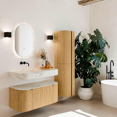 MONDIAZ THOR-DLUX Meuble de salle de bains 100cm arrondi gauche + droite couleur Chêne avec 1 tiroir et 2 portes. Vasque suspendue CLOUD Gauche sans trou de robinet couleur Ostra.