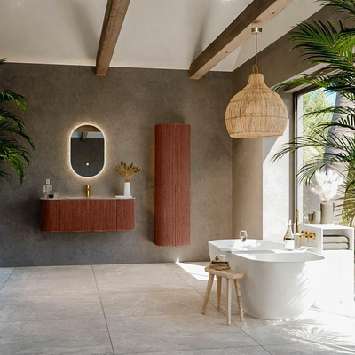 MONDIAZ KURVE-DLUX Meuble de salle de bains 120cm arrondi gauche + droite couleur Ruby avec 1 tiroir et 2 portes. Lavabo BIG SMALL central 1 trou de robinet Sombra.