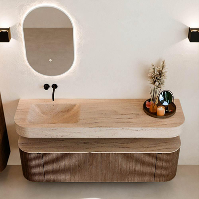 MONDIAZ THOR-DLUX 160cm badmeubel ronding links + rechts kleur Walnut met 1 lade en 2 deuren. Vrijhangende wastafel CLOUD Links zonder kraangat kleur Saba.