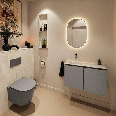 MONDIAZ TURE-DLUX Meuble toilette - 80cm - Smoke - EDEN - vasque Ostra - position gauche - sans trou de robinet