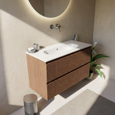 Saniclass Holz Atelier Ensemble de meubles de salle de bains - 100x45x73.9cm - lavabo en céramique Chaci blanc - 1 vasque - sans trou de robinet - 2 tiroirs - noyer pure mat (bois)
