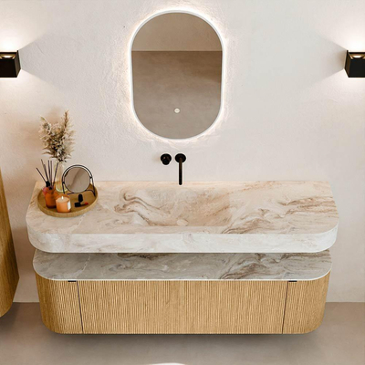 MONDIAZ THOR-DLUX 160cm badmeubel ronding links + rechts kleur Oak met 1 lade en 2 deuren. Vrijhangende wastafel CLOUD Midden zonder kraangat kleur Frappe.
