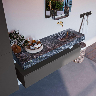Mondiaz ALAN-DLUX Ensemble de meuble - 150cm - meuble Dark grey mat - 1 tiroir - Lavabo Cloud Lava suspendu - vasque Droite - 0 trous de robinet