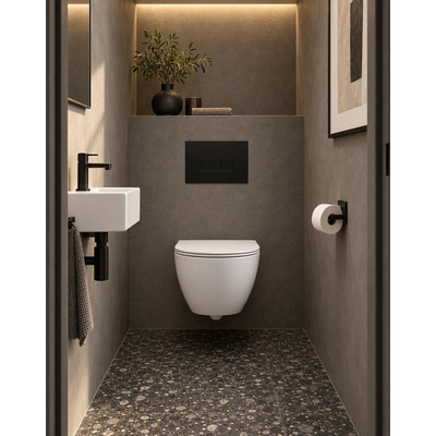 QeramiQ Dely Swirl Compact Ensemble WC - réservoir encastré QeramiQ flush - abattant slim - plaque de commande métallique noir mat - boutons rectangulaires - blanc mat