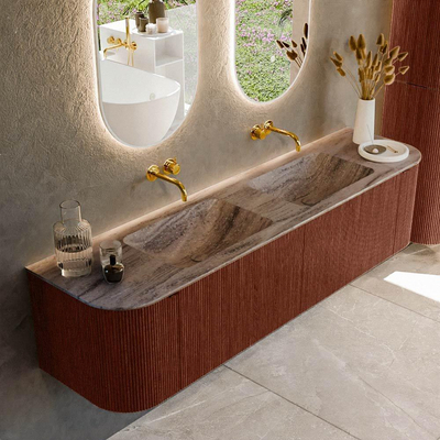 MONDIAZ KURVE-DLUX Meuble de salle de bains 180cm arrondi Gauche + Droite couleur Ruby avec 2 tiroirs et 2 portes. Lavabo LEAF Double sans trou de robinet Oza.