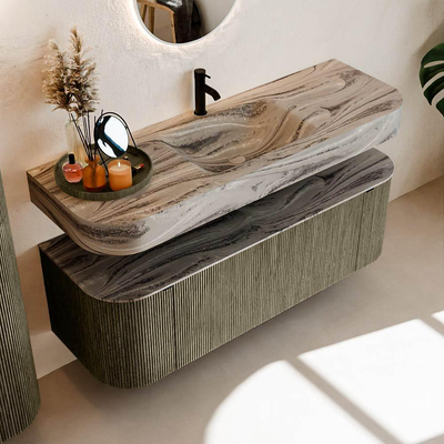 MONDIAZ THOR-DLUX 140cm meuble de salle de bains arrondi gauche + droite couleur Shadow avec 1 tiroir et 2 portes. Vasque suspendue CLOUD Milieu 1 trou de robinet couleur Sombra.