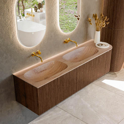 MONDIAZ KURVE-DLUX Meuble de salle de bains 165cm arrondi à droite couleur Walnut avec 2 tiroirs et 1 porte. Lavabo STOR SMALL Double / Gauche sans trou de robinet Saba.