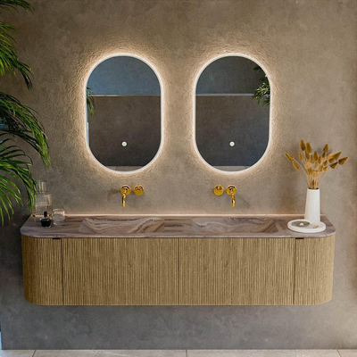 MONDIAZ KURVE-DLUX Meuble de salle de bains 180cm arrondi Gauche + Droite couleur Dusk avec 2 tiroirs et 2 portes. Lavabo LEAF Double sans trou de robinet Sombra.