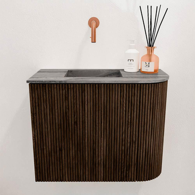 Mondiaz JOYA-DLUX 51.6cm toiletmeubel - ronding rechts kleur Walnut - Wastafel FAYE positie Links Zonder kraangat kleur Sombra.