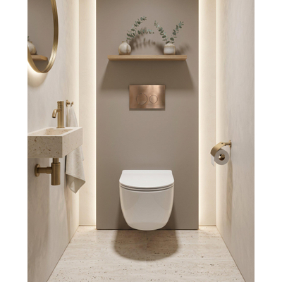 QeramiQ Dely Ensemble WC - 36.3x51.7cm - cuvette profonde - sans bride - réservoir encastré Geberit UP320 - avec cadre Burda - abattant de WC softclose - plaque de commande cuivrée - boutons ronds - blanc mat