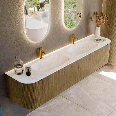 Mondiaz KURVE-DLUX Badkamermeubelset - 200x46x40cm - 2 lade - 2 deuren - wastafel solid surface - dubbel - 2 kraangaten - Dusk