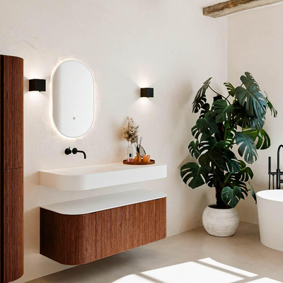 MONDIAZ THOR 120cm meuble de salle de bains arrondi gauche + droite couleur Ruby avec 1 tiroir et 2 portes. Vasque suspendue CLOUD Gauche sans trou de robinet couleur Talc.