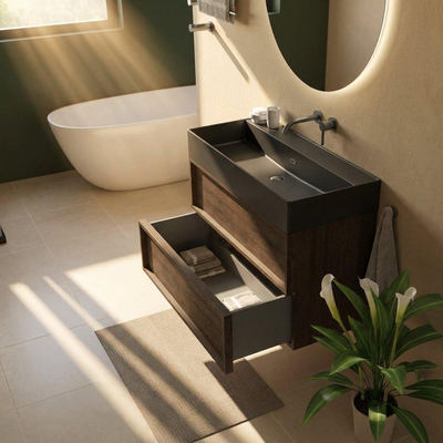 Saniclass Holz Frame Ensemble meuble de salle de bains - 100x45x72cm - Legend lavabo en céramique noir mat - 1 vasque - sans trou de robinetterie - 2 tiroirs - chêne charcoal mat (bois)