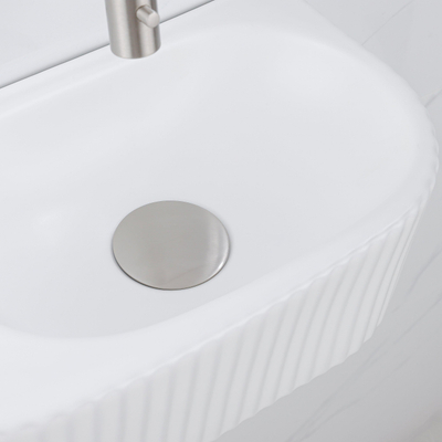 QeramiQ Fuente Ensemble de Lavabo - 40x21.5x12cm - strié - demi-rond - céramique - ensemble de robinet en acier inoxydable brossé - bouchon de vidange - siphon réduit - blanc mat