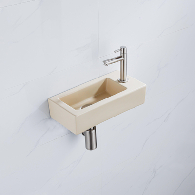 QeramiQ Fuente Ensemble lave-mains - 37.5x18.5x9cm - céramique - trou de robinetterie à droite - robinet de lave-mains inox brossé - bonde - siphon réduit - Beige mat