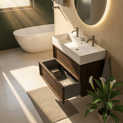 Saniclass Holz Frame Ensemble de meubles de salle de bains - 100x45x72cm - Legend lavabo en céramique blanc - 1 vasque - 2 trous de robinet - 2 tiroirs - chêne charcoal mat (bois)