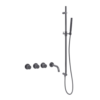 Fortifura Nebbio Badcombinatie-set - thermostaatkraan - glijstang - met geïntegreerde - wandaansluitbocht - metalen doucheslang - staaf handdouche - uitloop - PVD - geborsteld gunmetal (antraciet)