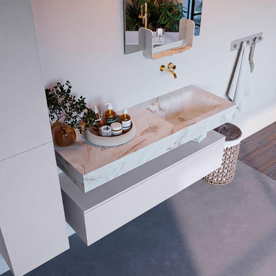 Mondiaz ALAN-DLUX Ensemble de meuble - 130cm - meuble Cale mat - 1 tiroir - Lavabo Cloud Frappe suspendu - vasque Droite - 0 trous de robinet