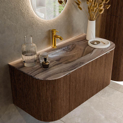 MONDIAZ KURVE-DLUX 100cm badmeubel ronding Links + Rechts kleur Walnut met 1 lade en 2 deuren. Wastafel GRUNNE Midden 1 kraangat Sombra.