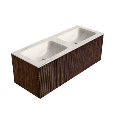 MONDIAZ KURVE-DLUX 120cm badmeubel kleur Walnut met 1 lade en 0 deuren. Wastafel LEAF Dubbel 2 kraangaten Meli.