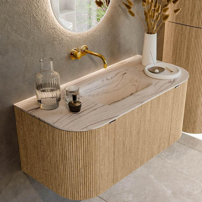 MONDIAZ KURVE-DLUX 100cm badmeubel ronding Links + Rechts kleur Oak met 1 lade en 2 deuren. Wastafel GRUNNE Midden zonder kraangat Nata.